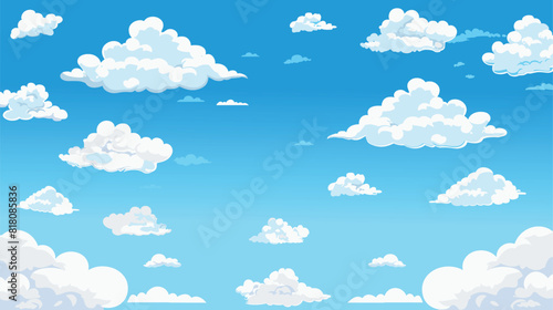 Blue sky with clouds. White fluffy clouds. Sunny day sky scene cartoon vector illustration. Heavens with bright weather, summer season outdoor