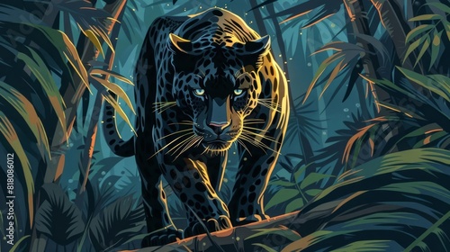 majestic black panther prowling in dense jungle powerful feline predator wildlife illustration photo