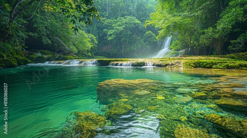 Nature s Beauty  A breathtaking landscape featuring a lush forest with a crystal-clear river flowing through it. The vibrant colors of the trees and the serene water create a sense of tranquility and 