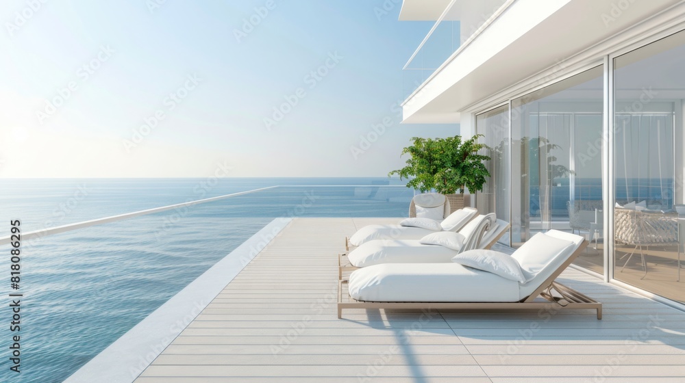 Fototapeta premium Two white lounge chairs on a balcony facing the vast ocean, under a clear blue sky on a sunny day.