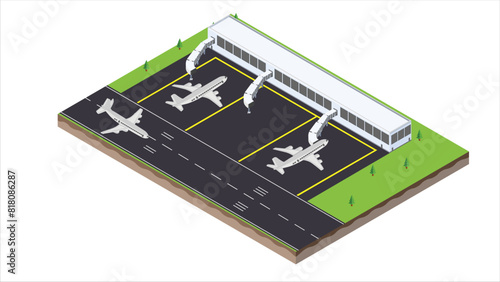 isometric scene of transport airplane in jet bridge terminal, aerobridge
