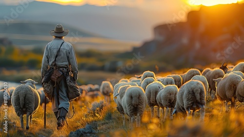 A farmer tending to a herd of sheep in a grassy meadow. photo
