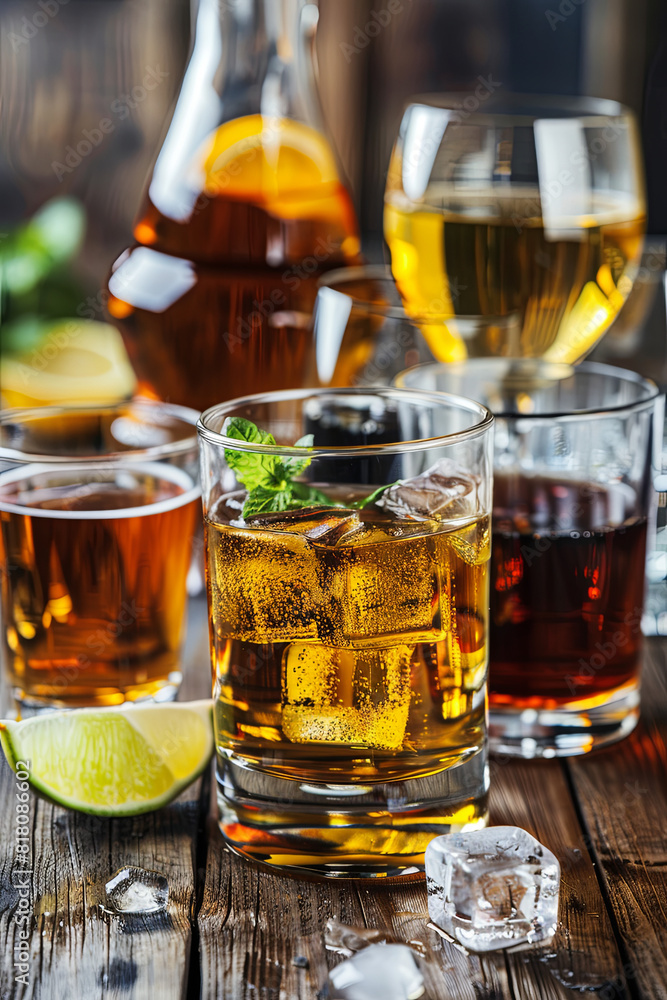 Selection of alcoholic drinks on rustic wood background
Selection of alcoholic drinks on rustic wood background