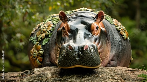 Hippopotamus Adorned with Baroque Floral Pattern on its Shell in a Forest Setting Generative ai