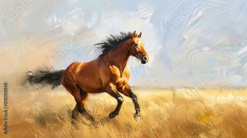 majestic horse galloping across open field equine grace and speed wildlife digital painting