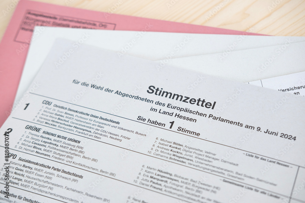 European election ballot paper in German, list of political parties, choosing political representatives, Frankfurt - 16 May 2024 European election ballot paper in German, list of political parties, choosing political representatives, Frankfurt - 16 May 2024