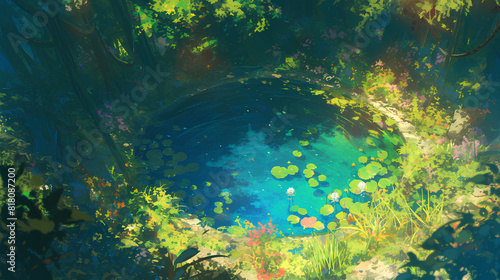 illustration of a pond in a fairy tale forest seen from above