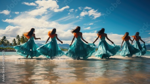 Hawaiian Hula Dancers Performing on Tropical Sea Beach at Sunset photo