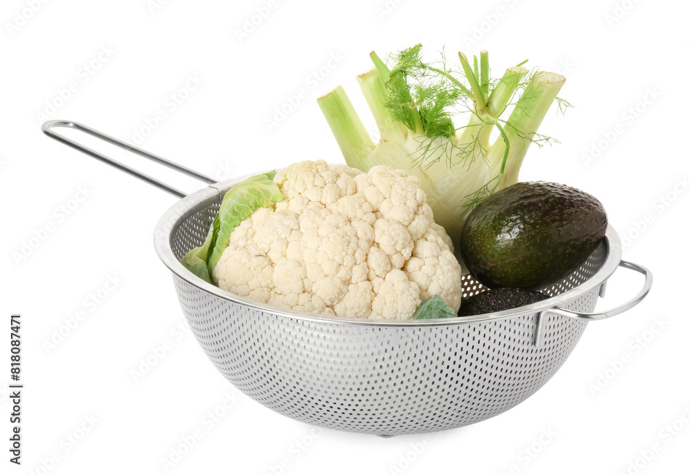 Metal colander with cauliflower, fennel and avocado isolated on white Metal colander with cauliflower, fennel and avocado isolated on white