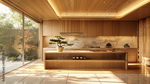 Contemporary Japanese kitchen featuring minimalist wooden cabinetry and a sleek island