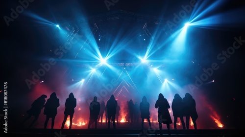 Group of Dancers Performing in LED Light Suits Amidst Laser Show and Smoke Effects