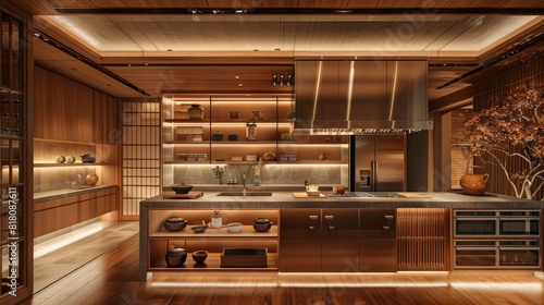 Contemporary Japanese kitchen featuring sleek cabinetry  integrated appliances  and natural wood accents