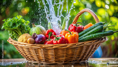 Fresh vegetables arranged in a basket and being washed under a gentle flow of water  evoking a sense of wholesome goodness