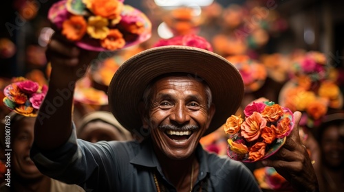Joyful Mexican Man Holding Colorful Flowers at Traditional Festive Celebration