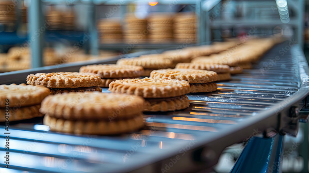 conveyor belt with biscuits in a food factory