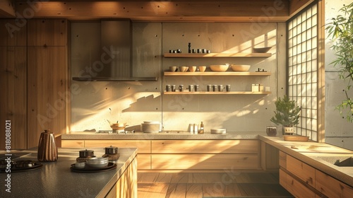 Contemporary kitchen in a Japanese style, featuring open shelving and a minimalist design