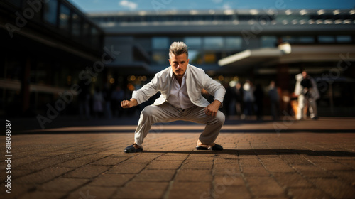 Man Practicing Karate in Urban Setting with Modern Architecture and Natural Light
