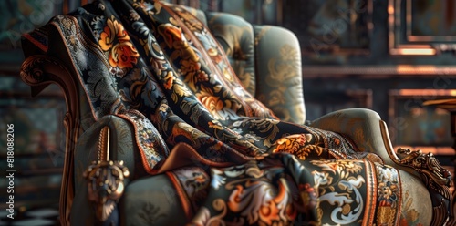 Silk scarf with an intricate design of baroque animals and floral motifs, draped over the armchair in luxurious setting. ,