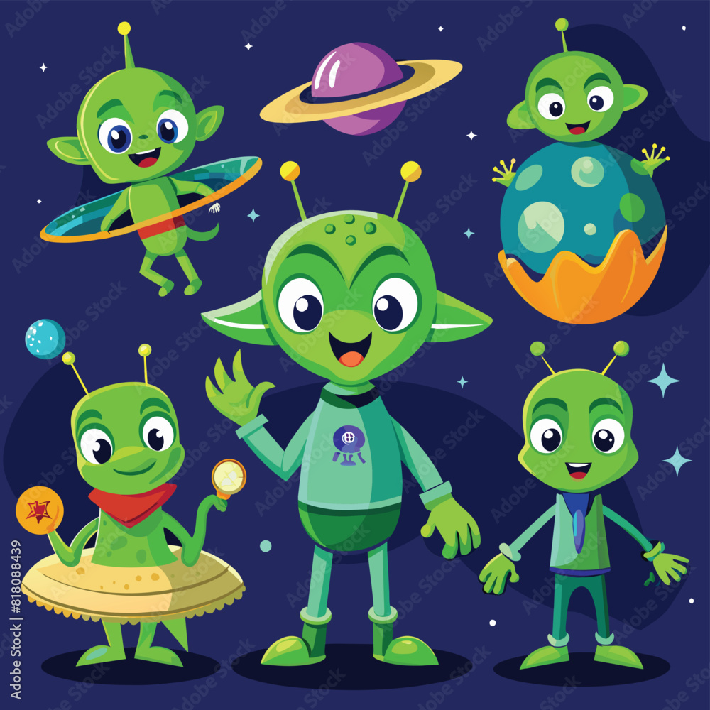 Obraz premium A collection of cartoon aliens with different expressions and clothes