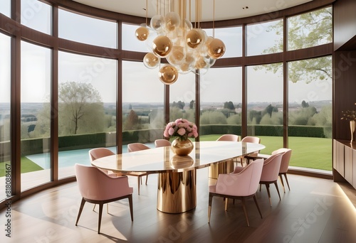 Modern Dining Table in big luxrious house with luxrious realistic lighting and matellic paint colour on walls without any picture photo