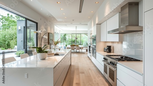 Contemporary kitchen with a large island, sleek appliances, and a minimalist design