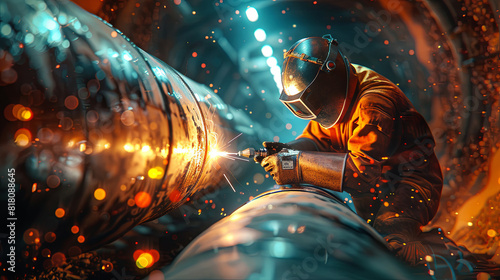 Industrial welder working inside a pipe, welding during the construction of a natural gas and fuel transport pipeline. Clean green power and energy concept.
