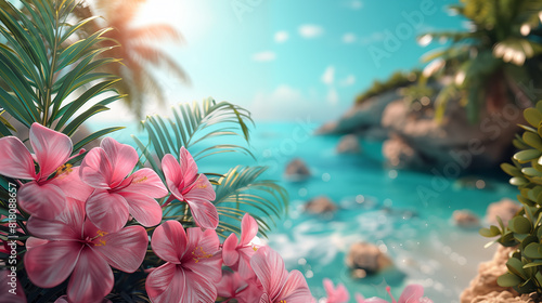 Pink hibiscus flowers on tropical beach. 3d rendering