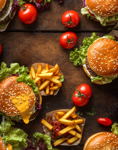 Top view of assorted burgers with lettuce, cheese and fries on a wooden table, surrounded by fresh tomatoes.