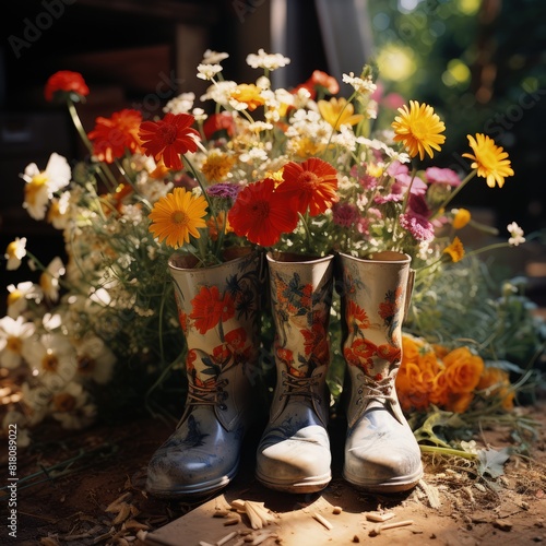 boots and flowers in the garden