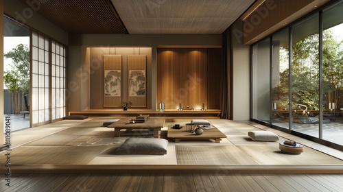 Contemporary living room featuring a tatami mat floor  natural wood finishes  and a minimalist aesthetic