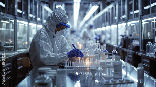 employee at sterile pharmaceutical manufacturing photo