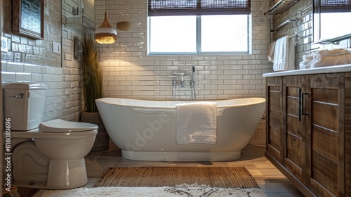 Detailed view of a chic bathroom with a freestanding tub  subway tiles  and contemporary fixtures