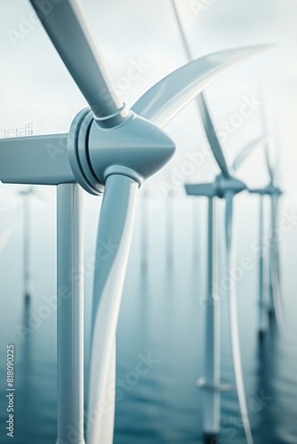 Array of Wind Turbines Over Water Generating Renewable Energy