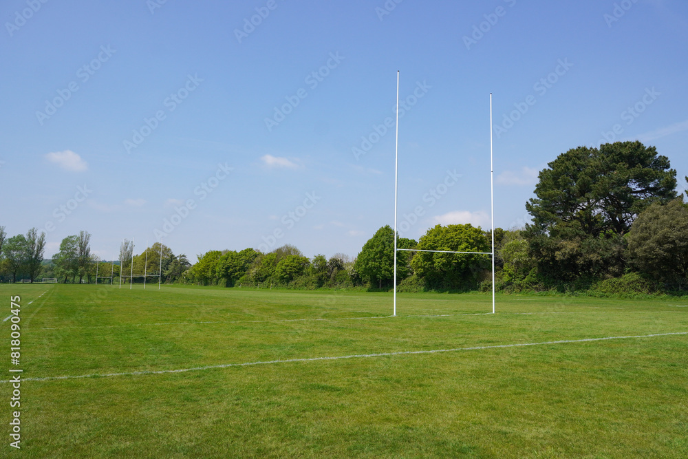 football field with a goal posts. Rugby pitch sports field football field with a goal posts. Rugby pitch sports field