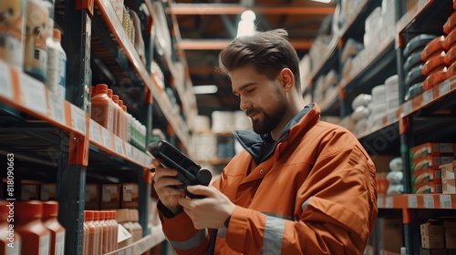 Engaged Worker Scanning Products in a WellOrganized Warehouse Generative ai