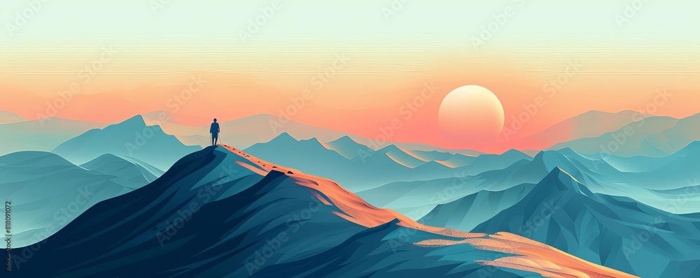 Capture a minimalist, flat design of a low-angle view hiking scene, featuring a lone hiker on a serene mountain path at sunrise Capture a minimalist, flat design of a low-angle view hiking scene, featuring a lone hiker on a serene mountain path at sunrise
