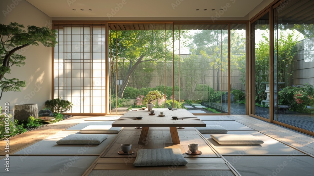 Detailed view of a Japanese dining room with a low table, floor cushions, and sliding glass doors to a garden