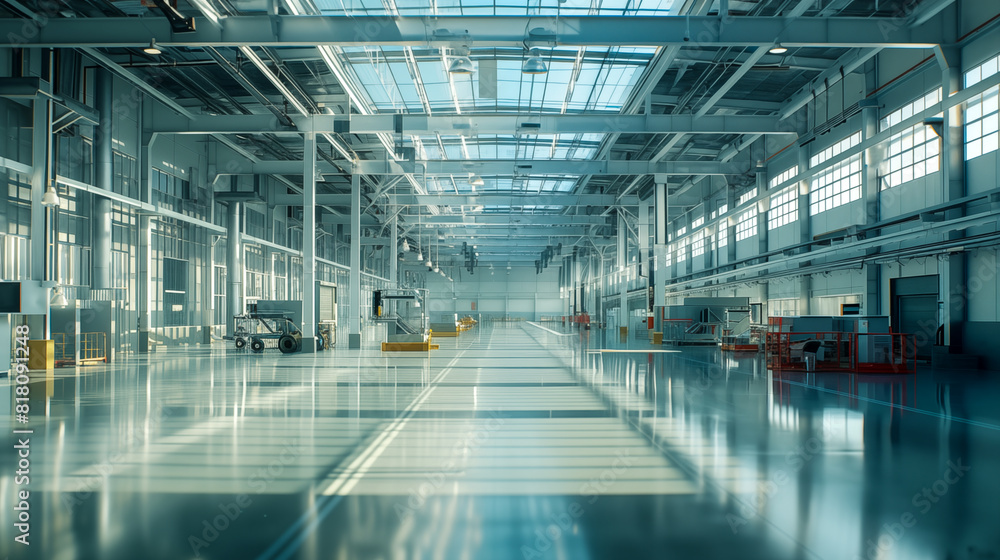 large, empty industrial warehouse with a high ceiling and skylights that allow natural light to illuminate the interior. Reflective flooring casts light and shadows large, empty industrial warehouse with a high ceiling and skylights that allow natural light to illuminate the interior. Reflective flooring casts light and shadows