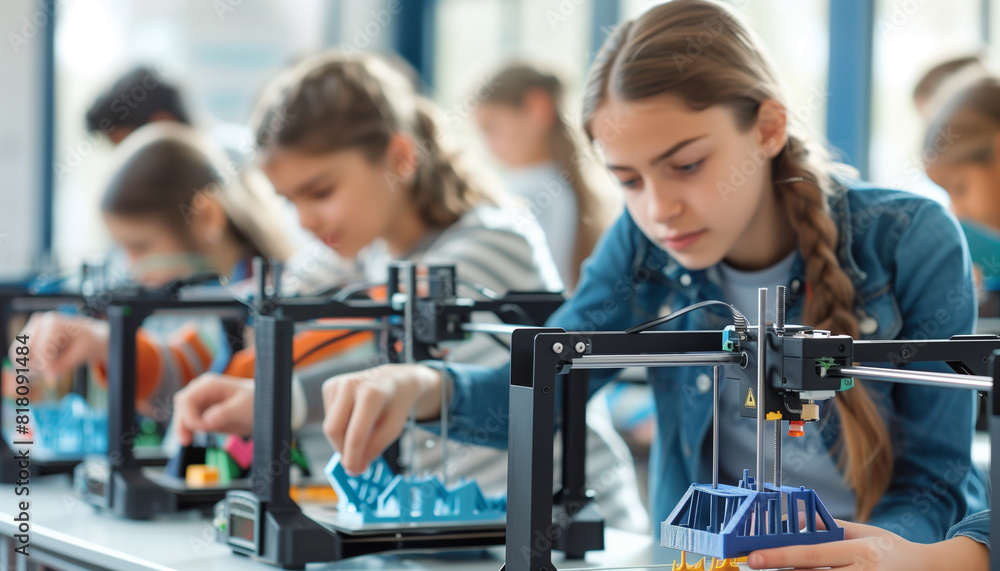 a detailed image of students using 3D printers to create models as part of a STEM project, with the teacher supervising, Students, smart classrooms, technology, with copy space a detailed image of students using 3D printers to create models as part of a STEM project, with the teacher supervising, Students, smart classrooms, technology, with copy space
