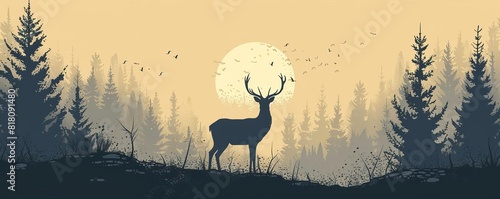 Design a sleek silhouette of a graceful deer in a minimalist and flat design approach Evoke a sense of tranquility with subtle details and a harmonious color scheme