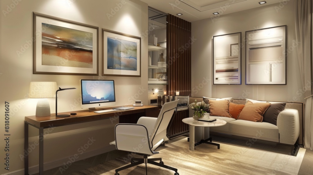 A modern home office featuring a well-organized computer desk, cushioned sofa, framed artwork, and warm evening lighting. A modern home office featuring a well-organized computer desk, cushioned sofa, framed artwork, and warm evening lighting.