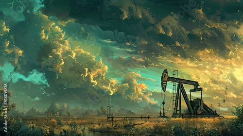Pump jack oil field. Generative AI photo