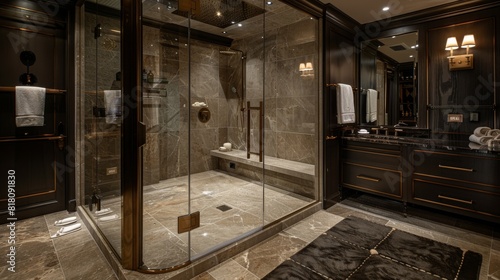 Detailed view of a luxury bathroom with a spacious shower  marble tiles  and elegant fixtures