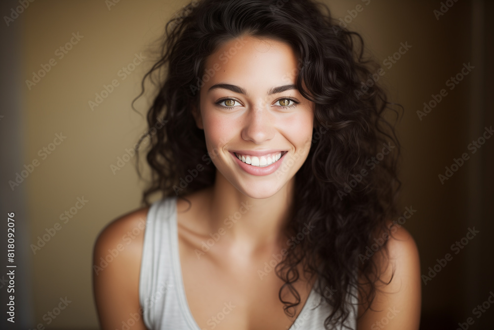 Big bright white smile headshot with a beautiful brunette woman sincere happy cheerful positive expression