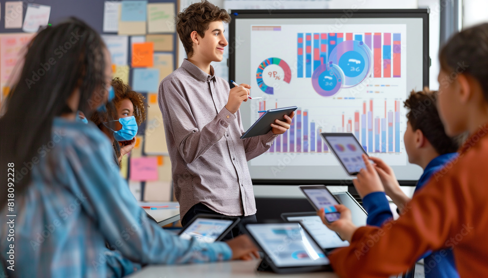 a telephoto shot of a student giving a presentation using a smart board, with classmates interacting through their tablets to participate, Students, smart classrooms, technology, w a telephoto shot of a student giving a presentation using a smart board, with classmates interacting through their tablets to participate, Students, smart classrooms, technology, w