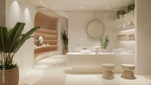 A beautifully designed  modern spa features soft lighting  lush plants  minimalistic decor  and a serene ambiance. The space includes a treatment area and a lush waiting lounge with woven seats.