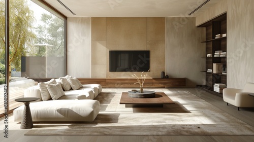 Detailed view of a minimalist living room with a floating TV unit  sleek furniture  and neutral tones