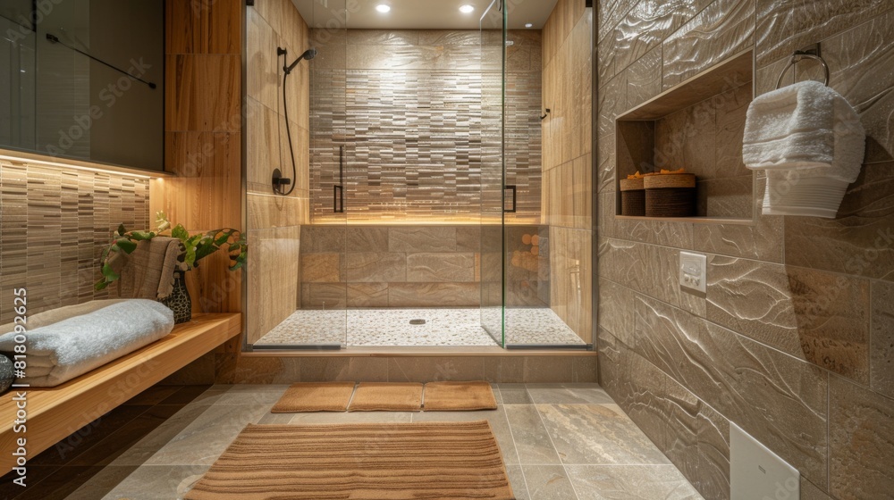 Detailed view of a modern bathroom with a large walk-in shower, elegant tiles, and a built-in bench Detailed view of a modern bathroom with a large walk-in shower, elegant tiles, and a built-in bench