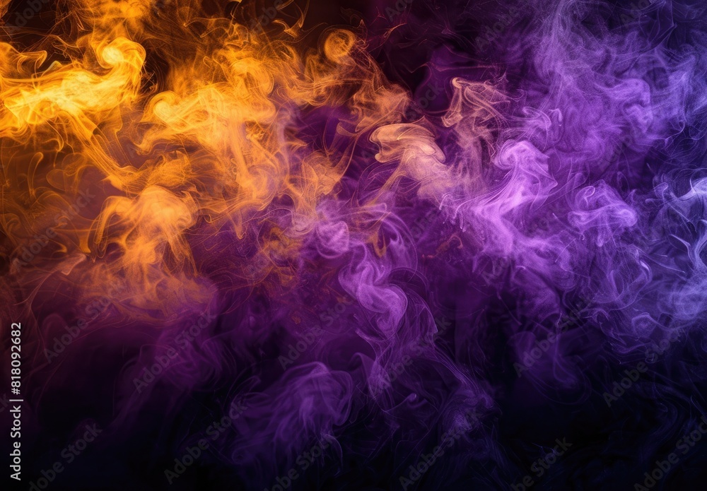 yellow and purple smoke on black background, dark atmosphere, macro