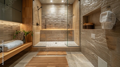 Detailed view of a modern bathroom with a large walk-in shower, elegant tiles, and a built-in bench